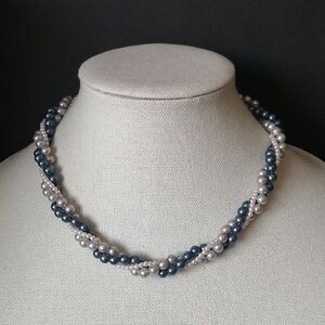 Vintage Torsade Twisted Faux Pearl Necklace Gray Blue White Silvertone